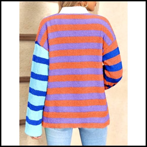 V-Neck Open Front Cardigan, Fuzzy Knit, Loose Fit, Long Sleeve, Button Up - Picture 5 of 7